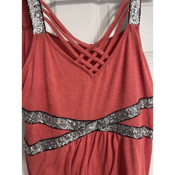 Y2K Tank Top 1X Coral Pink Sequin Trim Festival Babydoll Rave Concert Flowy - Picture 2 of 8